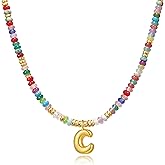 YOUFENG Initial Letter Necklaces for Women Colorful Beaded Gemstone Choker 14K Gold Plated Bubble Letter Pendant Necklace Natural Stone Handmade Jewelry Gift