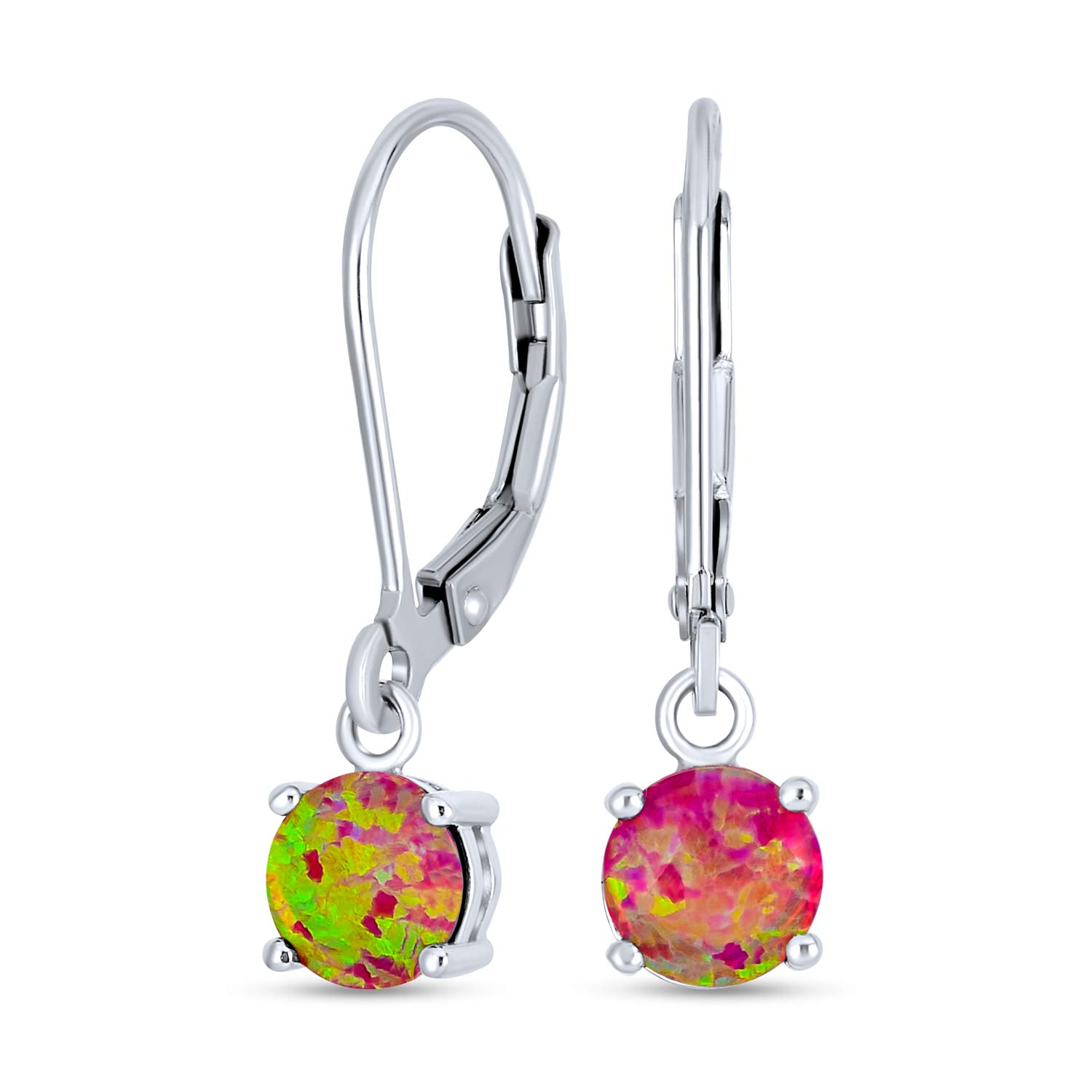 Simple Solitaire Pink Created Opal Lever back Dangle Drop Earrings For Women .925 Sterling Silver October Birthstone