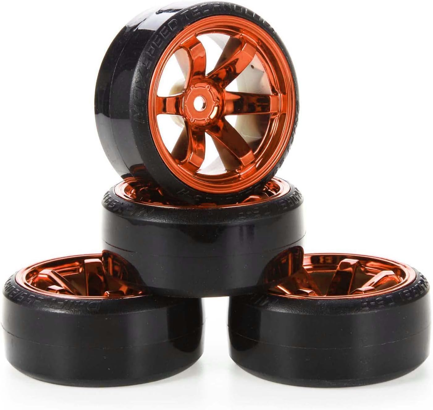 KINGCOO RC Drift Car Wheel and Tyre, 4PCS 63mm Hard Tires Plastic Wheel Rims for 1/10 On-Road Racing Drifting Car Spare Parts for HSP Tamiya HPI Kyosho(Orange)