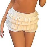 Luckinbaby Women Ruffle Knitted Shorts Layered Bottoms Pleated Tiered Bodycon Bloomer Shorts Slim Fit Summer Streetwear
