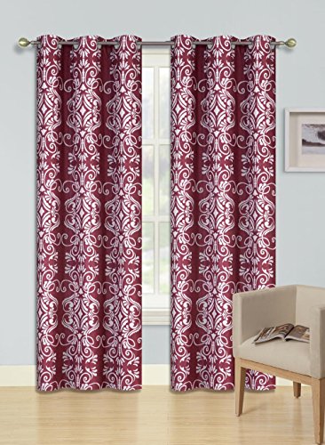 Gorgeous Home (F'S)DIFFERENT COLORS & SIZES 2PC PANELS GEOMETRIC PATTERN PRINTED THERMAL FOAM LINED BLACKOUT HEAVY THICK WINDOW CURTAIN DRAPES SILVER GROMMETS (F13 BURGUNDY LEAVES, 84" LENGTH)