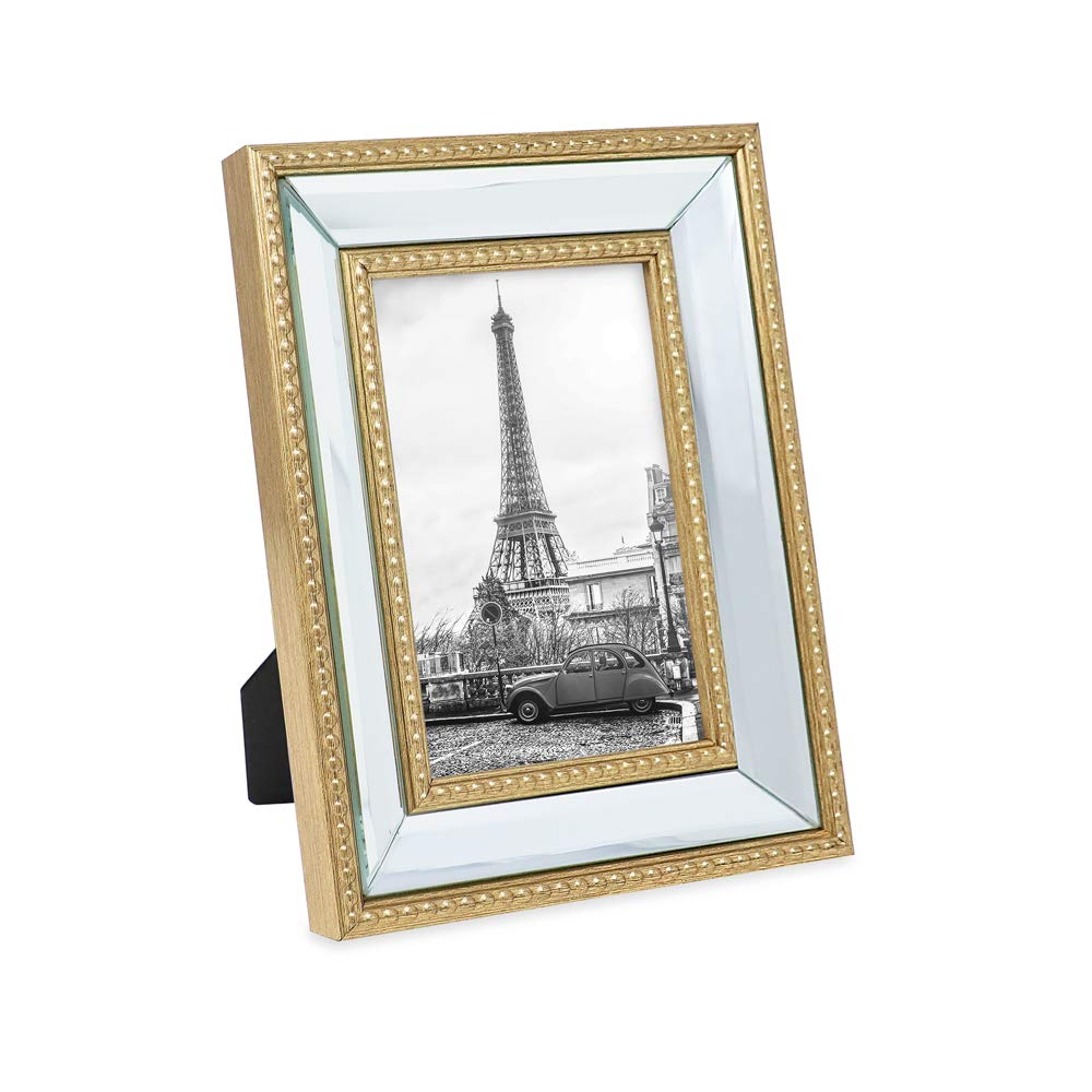 Isaac Jacobs 4x6 Gold Mirror Bead Picture Frame - Classic Mirrored Frame with Dotted Border Made for Wall Display, Tabletop, Photo Gallery and Wall Art (4x6, Gold)