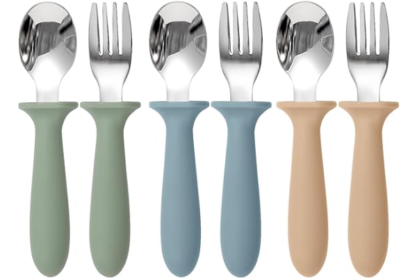 Eascrozn Toddler Utensils, 6 Pack kids Silverware Set with Silicone Handle, 18/8 Stainless Steel Children Safe Forks and Spoons, Dishwasher Safe