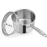 Ciwete 2 Qt Stainless Steel Saucepan with Glass Strainer Lid, 2 Quart Pot Stainless Steel Sauce Pan with Pour Spout, Mirror Polishing, Compatible with All Cooktops Dishwasher Safe Oven Safe