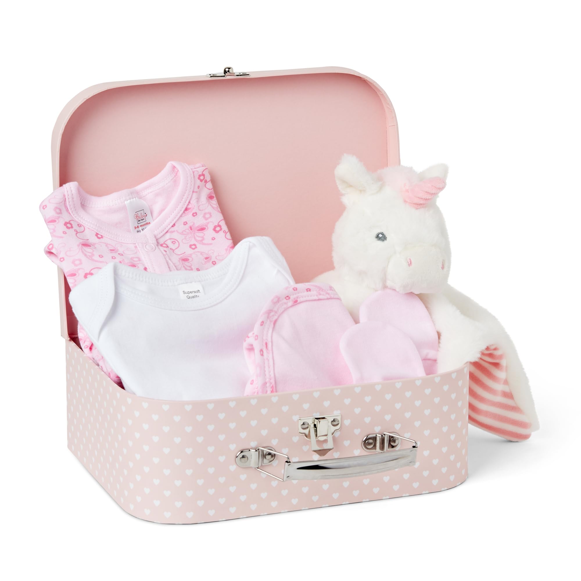 Baby Box Shop Newborn Baby Girl Gift Set - Pink Newborn Essentials in Cute Keepsake Case - Baby Shower and Christening Gift with Unicorn Comforter, New Born Girl Clothes, Bib and Mittens