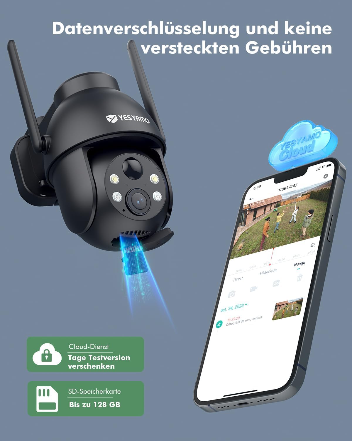 YESYAMO 2K Überwachungskamera Aussen Akku, 355°/90° Pan Tilt WLAN Kamera mit Farbnachtsicht, solar Kamera Überwachung außen, PIR Bewegungsmelder, IP66, Cloud/SD Storage, 2-Wege-Audio, 2,4 GHz WLAN 9