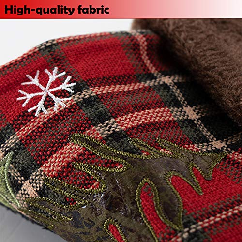 GMOEGEFT Farmhouse Christmas Stocking, Red and Black Buffalo Plaid, Black Moose in Snowfield Pattern Xmas Socks, Holiday Party Decorations Fireplace Hanging Ornaments