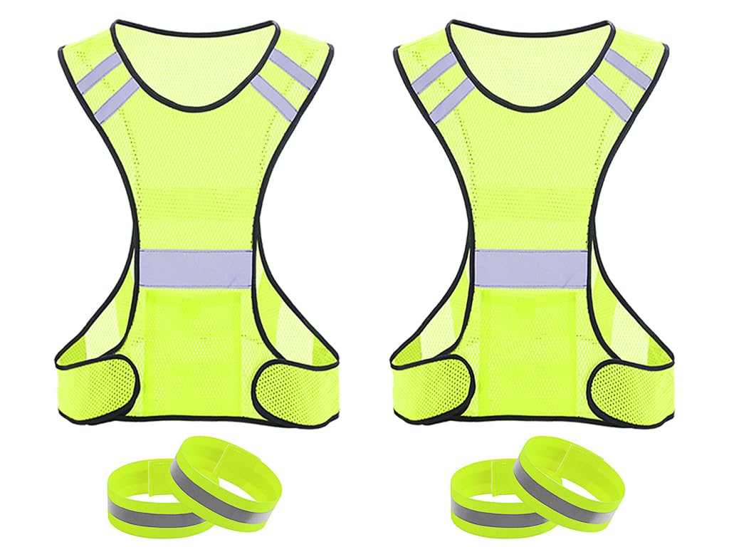 Kellegour 2-Piece Reflective Sports Vest Set, Breathable Hi Vis Running Vest, Yellow, Unisex, Adults, Nighttime Activity
