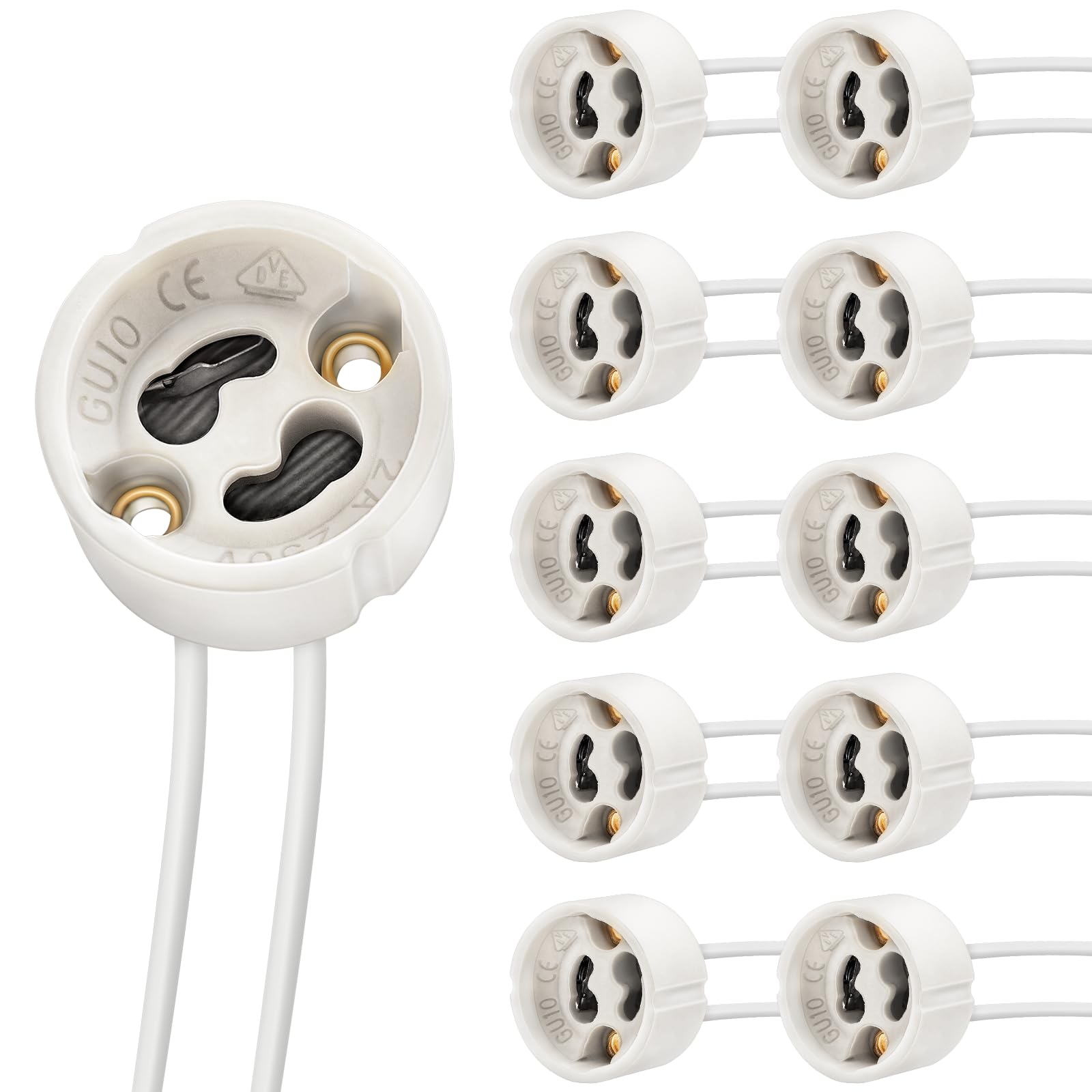 DiCUNO GU10 Lamp Holder 0.75mm² Silicon Wire GU10 Connector Ceramic Base for LED and Halogen,250V,Max 300W,10-Pack