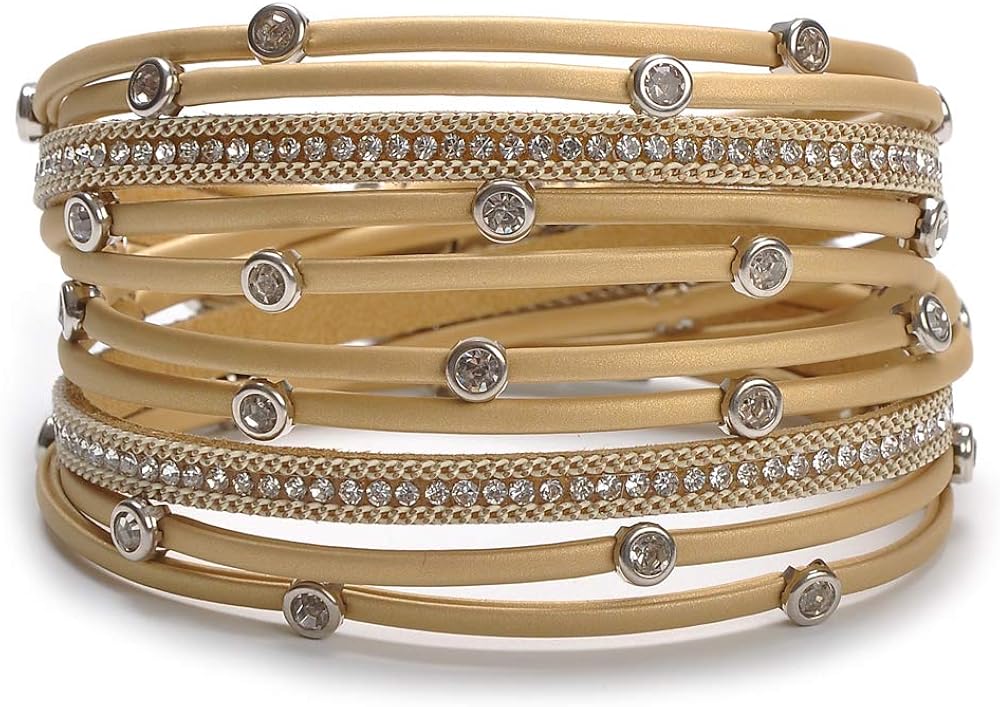 TASBERN Women Leather Wrap Bracelet in Goldplated Metallic Crescents and Crystal Cuff Jewelry for Ladies Girls (TAS012-Black): Jewelry