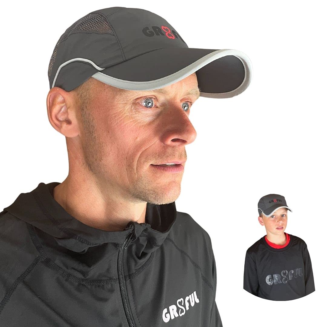 gr8ful® Running Cap for Men, Women, Boys & Girls | Sports Cap or Sun Hat | Cycling, Tennis or Golf Flat Baseball Cap | Fitted Lightweight Quick Dry Panel Fabric & Mesh, Adjustable, Long Peak, Grey