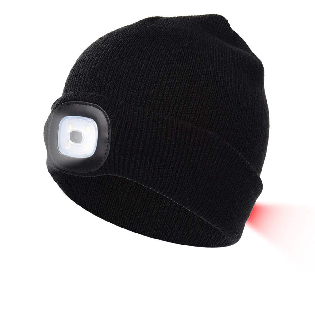 DPWELL Knitted Hat with Light, LED Beanie Hat with White (Front) & Red (Rear) LEDs Headlamp(Hat with LED Light)