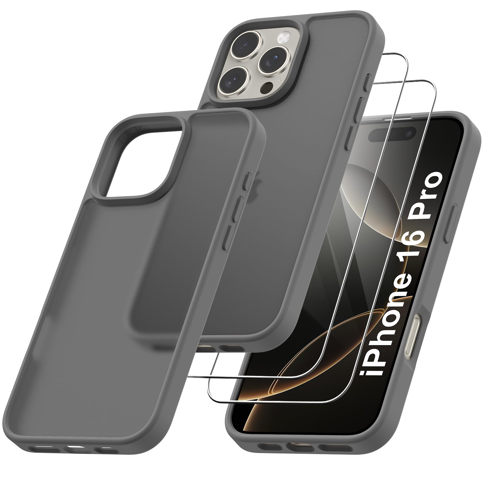 Qasyfanc Matt Cover Case Compatible with iPhone 16 Pro 6.3" with 2 Pack Tempered Glass Screen Protector, Non-Yellowing Shockproof Phone Bumper Cover Hard PC Anti-Scratch Case Dark Grey