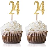Gold Happy 24th Birthday Cupcake Topper, 24-Pack Number 24 Glitter Birthday Party Cupcake Toppers, Decorations
