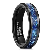 King Will Mens Meteorite Tungsten Wedding Bands, 6mm/8mm Width, Black/Silver Engagement Rings for Couples, Beveled Edge Promise Ring for Women Comfort Fit