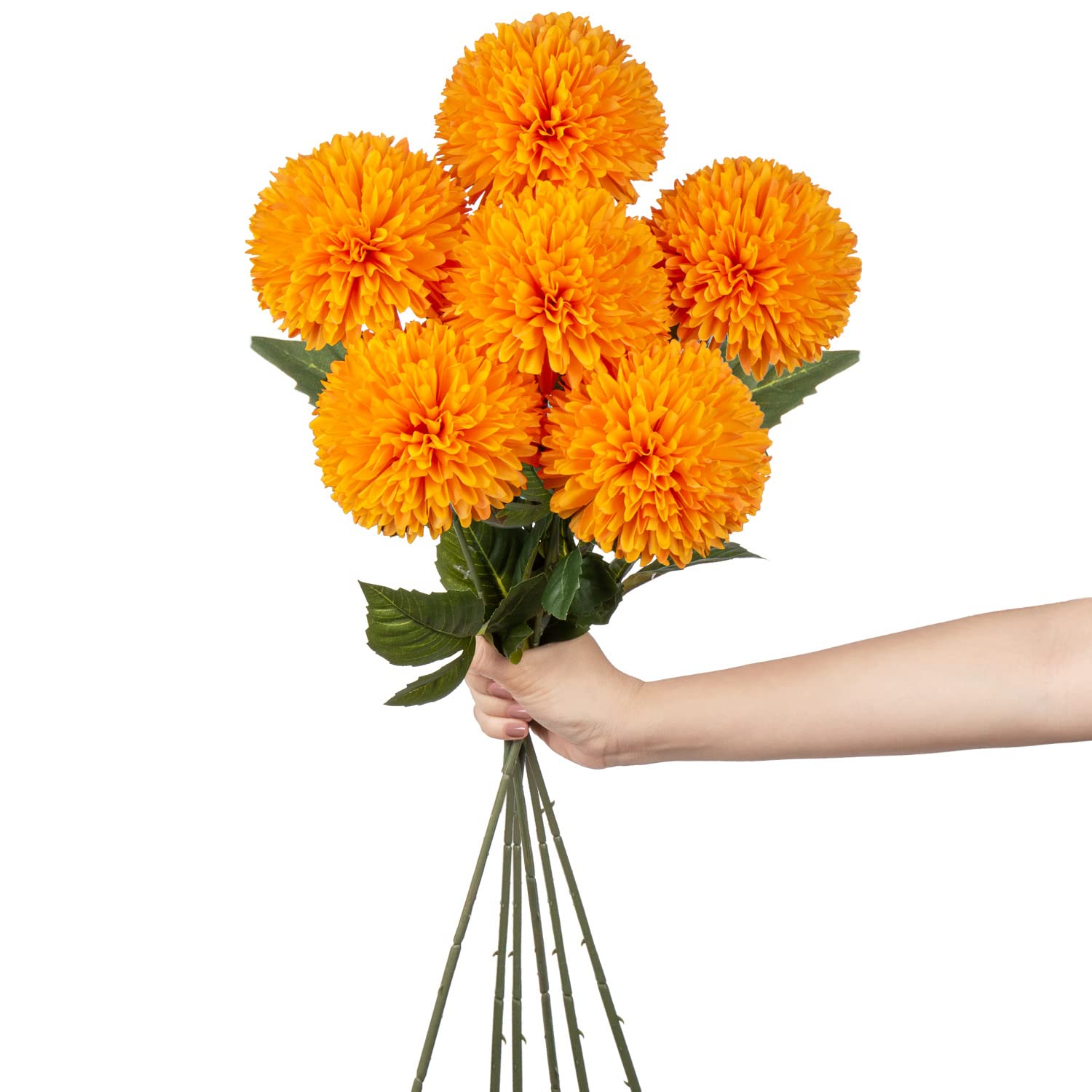 Hollyone 4'' Large Artificial Chrysanthemum Flowers with 24.7'' Long Stem, 6 pcs Orange Fake Silk Flowers Faux Ball Flower for Home Decor, Bridal, Wedding, Party, Garden, Floral Arrangement