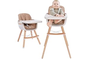 MALLIFY 3-in-1 Convertible Wooden High Chair,Baby High Chair with Adjustable Legs & Dishwasher Safe Tray, Made of Sleek Hardwood & Premium Leatherette, Brown Color