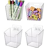 Clear Adhesive Wall Storage Bins, 4 Pack Cabinet Door Organizer Holders, Hanging Wall Mount Pockets, Plastic Cups for Shower Bathroom Makeup Office Craft Remote Kitchen Sink RV Organization (Small)