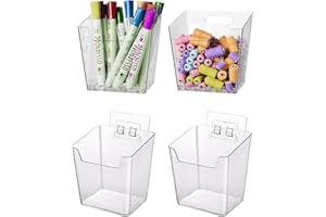 LIGHT DUST Clear Adhesive Wall Storage Bins, 4 Pack Cabinet Door Organizer Holders, Hanging Wall Mount Pockets, Plastic Cups for Shower Bathroom Makeup Office Craft Remote Kitchen Sink RV Organization (Small)