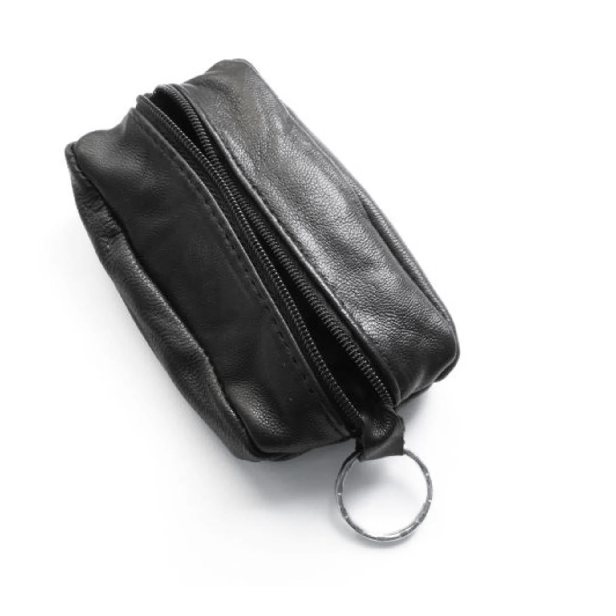 SystemsEleven Mens Ladies Black Real Leather Coin Pouch Wallet Zipper Keyring Purse