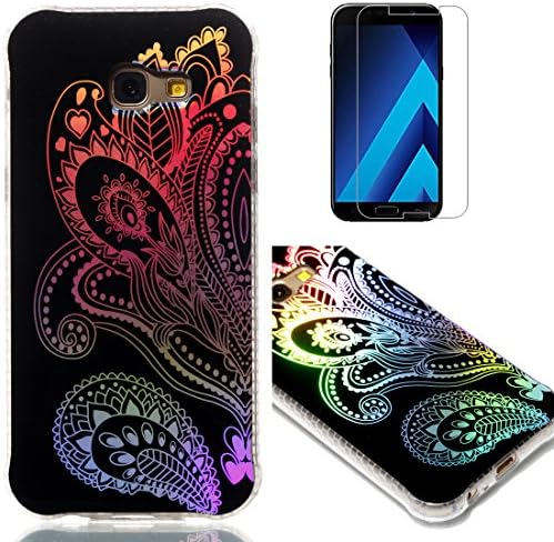 For Samsung Galaxy A3 2017 A320 Black Case and Screen Protector,OYIME Glitter Plating Pattern Thin Slim Soft Silicone Protective Back Cover Anti-Scratch Shockproof Transparent Bumper-Fantastic Flowers
