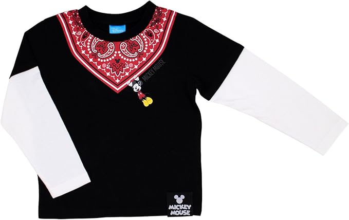Amazon ミッキー 長袖tシャツ キッズ バンダナ柄 フェイクレイヤード 1cm ブラック Tシャツ カットソー 通販