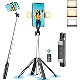 41&rdquo; Selfie Stick Tripod Quadrapod with 2 Rechargeable Fill Light, Extendable Tripod with Bluetooth Remote, Stainless Steel, 3 Light Modes, 9 Brightness Levels, Compatible for All iPhone &amp; Android