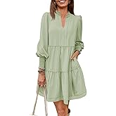 Imily Bela Womens Fall Long Sleeve Tunic Dress Casual V Neck Loose Ruffle Tiered Dress