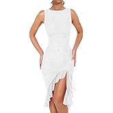 BORIFLORS Women's Sexy Elegant Boat Neck Bodycon Midi Dresses Ruffle Hem Sleeveless Ruched Cocktail Party Tank Dress