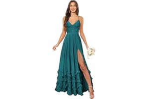 CDSSL Spaghetti Straps Floral Ruffle V-Neck Bridesmaid Dresses for Women Long Corset Formal Evening Maxi Dress