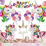 Unicorn Party Supplies - 42 Pcs for Birthday Decorations,Birthday party favors for kids,Rainbow birthday banner,Glitter Unicorn Headband,foil heart Birthday balloons with Air Pump