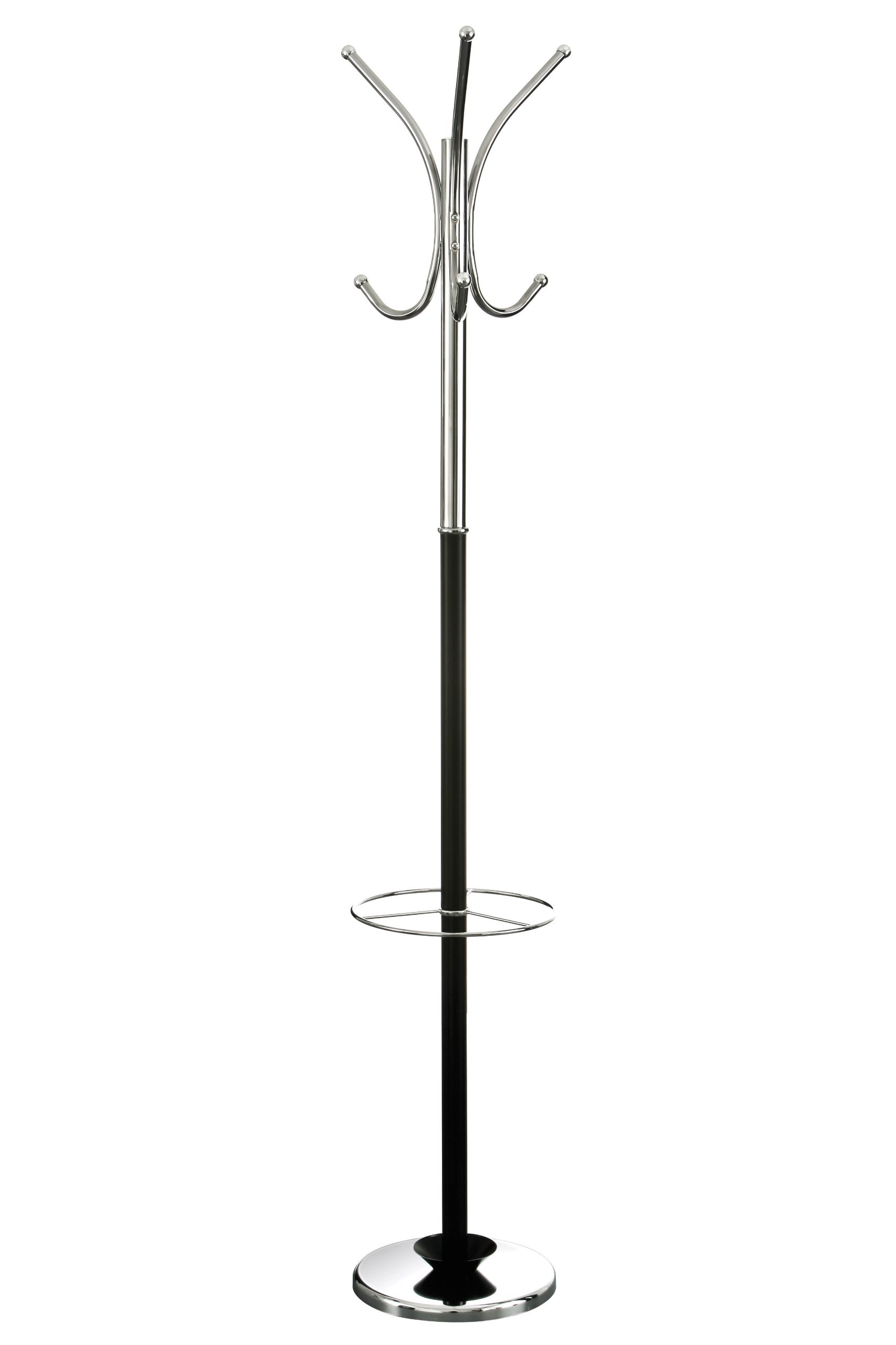 Premier Housewares Freestanding Coat Stand | Heavy Duty Coat Rack with 8 Hooks & Umbrella Holder | Space-Saving Hallway Stand, Black/Chrome, 182 cm