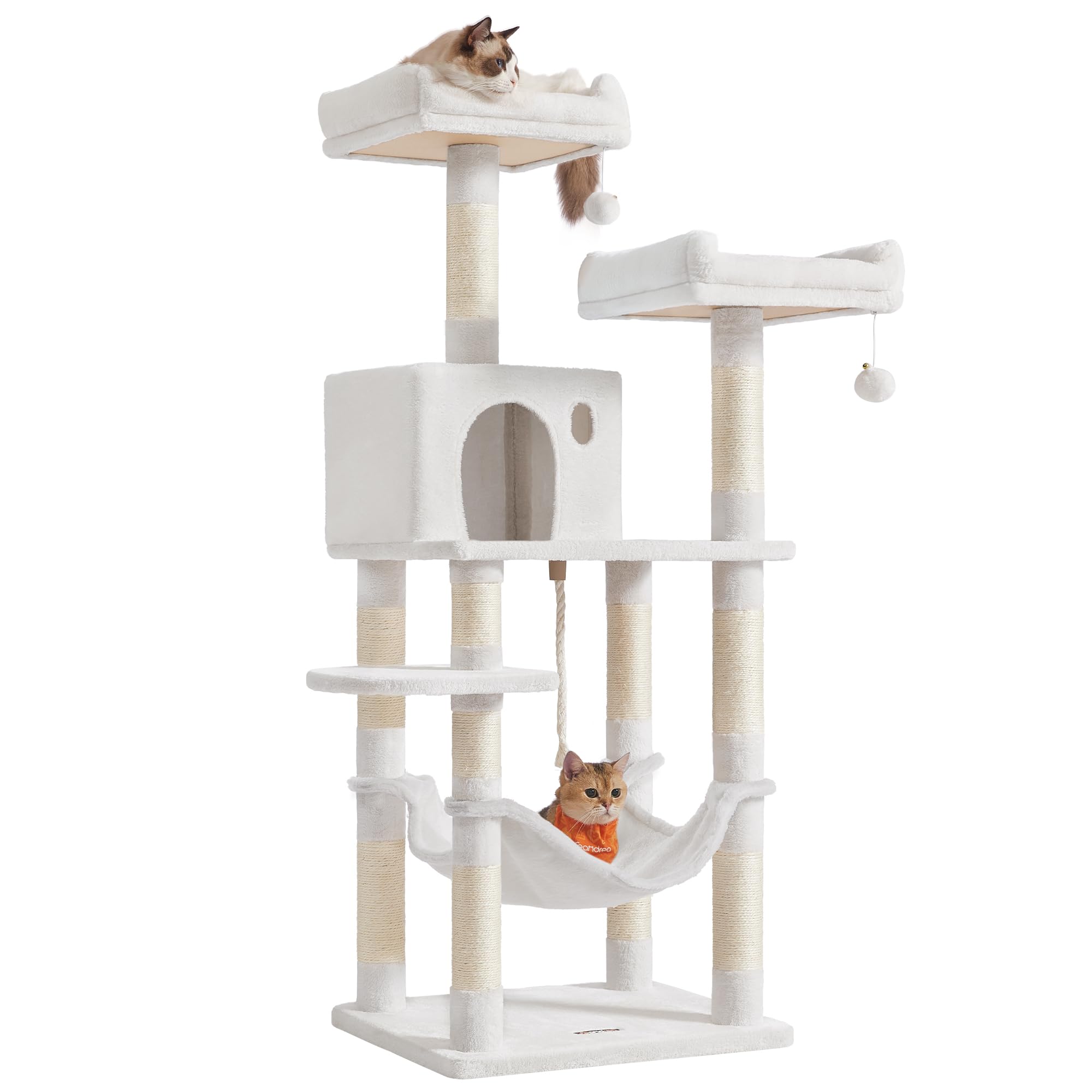 Feandrea Cat Tree, 56.3-Inch Cat Tower, Multi-Level Plush Condo with 11 Scratching Posts, 2 Perches, Hammock, Cave, Cream White UPCT015W02 Image