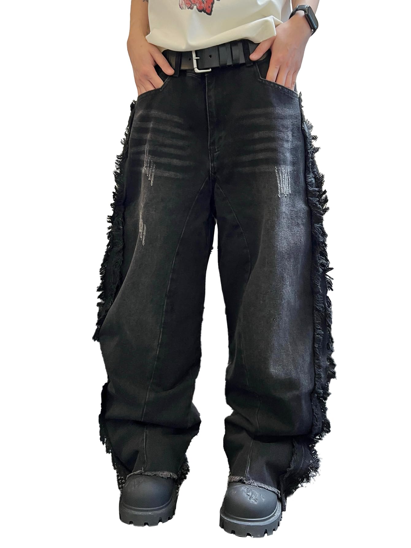 Photo 1 of DFGIGT Mens Baggy Jeans Street Rock Style Fringe Frayed Edges Jeans Patchwork Wide Leg Skater Denim Pant Y2k Hip Hop Tassel 2000s Streetwear Loose Relaxed Revival,A10 Black,XX-Large