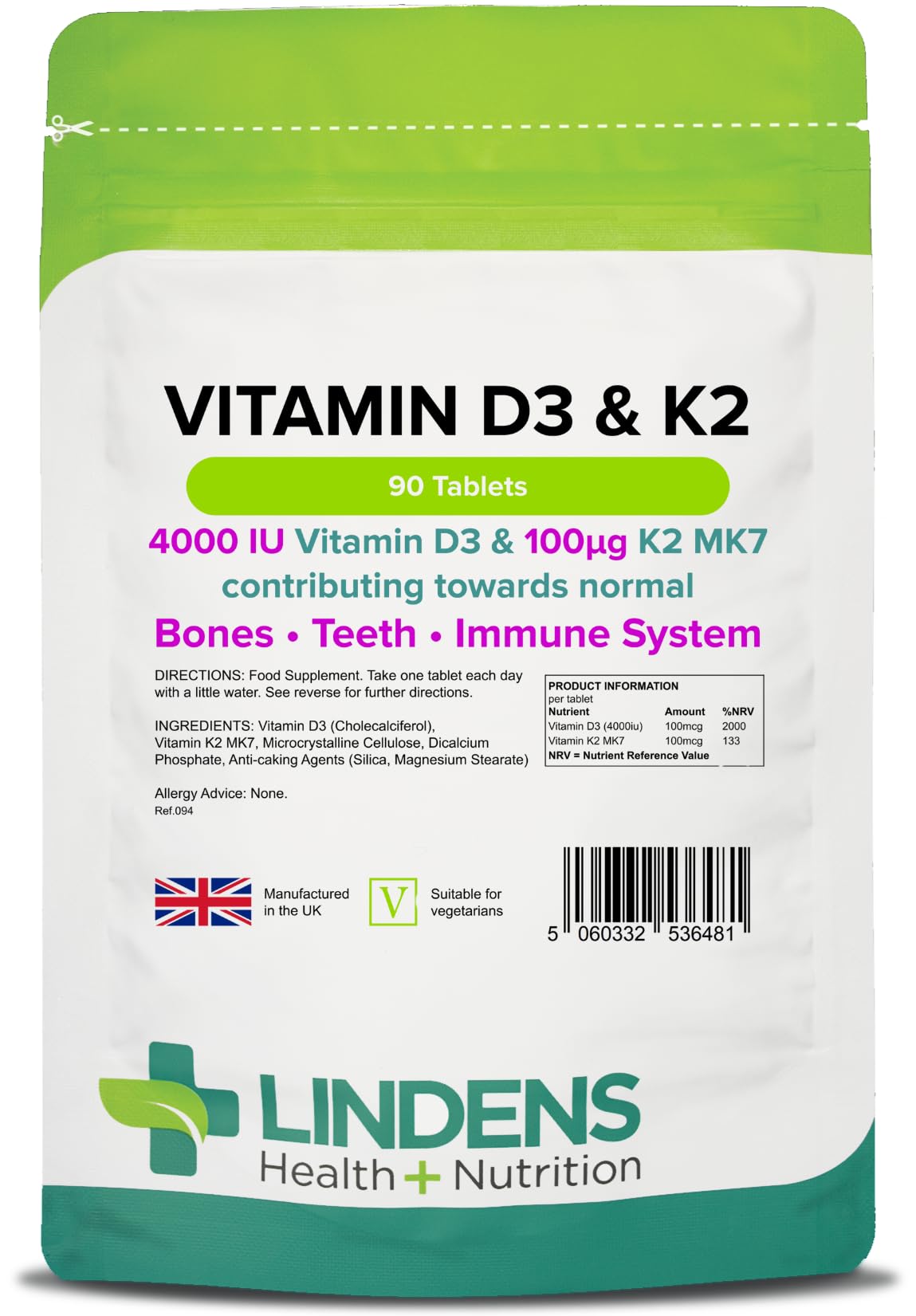 Lindens Vitamin D3 4000IU & MK7 K2 | 90 Tablets | UK Made | Immune Health, Bones, Teeth, Muscle, Blood Calcium Absorption | High Strength Vitamin D & K2 Supplement | 3 Months Supply | Vegetarian