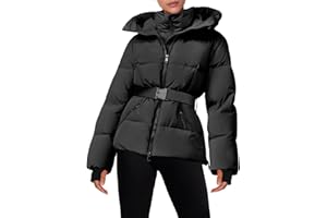 Fisoew Womens Ski Jacket Warm Hooded Insulated Waterproof Quilted Puffy Mountain Snow Winter Coat with Belt