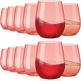 Tioncy 12 Pcs Pink Red Plastic Stemless Wine Glasses Bulk Reusable Colored Unbreakable Valentines Party Wine Cups for Indoor Outdoor Dining Wedding Birthday Cocktail Champagne, 14 oz(Crystal Red)