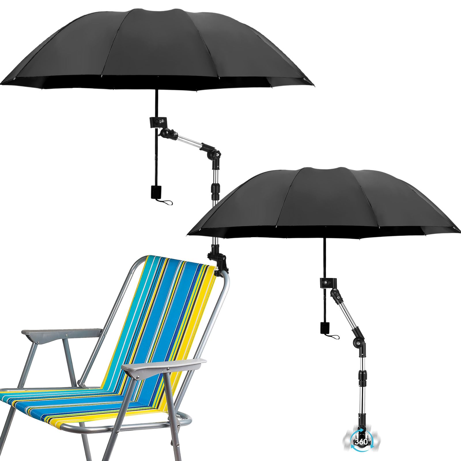 Photo 1 of Sunnymove 2 Sets Beach Chair Umbrella with Clamp 49.2" 360° Adjustable Golf Umbrella with Clip and Retractable Stand Sun Shade for Camping Outdoor Travel Patio Wheelchair Golf Cart Stroller(Black)