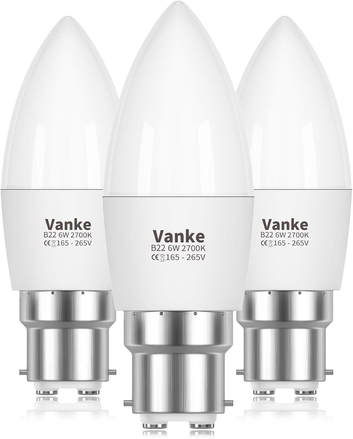 Vanke Bayonet Candle Light Bulb 40w Equivalent, B22 LED Bulbs Warm White 2700K, 6w Energy Saver Bulb, 470 Lumen, Non-Dimmable, 3-Pack