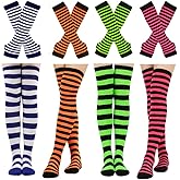 Barrlves 2/4 Sets Womens Striped Knee High Socks Long Knitted Arm Warmers Fingerless Gloves for Halloween Costume