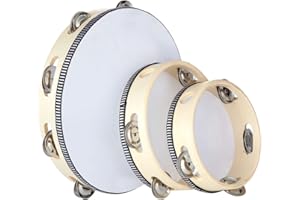 CYEAH 3 PCS Tambourine for Adults, Wooden Tambourine 6 Inch 7 Inch 10 Inch Hand Held Drum Bell Birch Metal Jingles Percussion Gift Musical Educational Instrument for Church, KTV Party