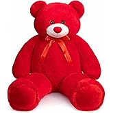 WENMOTDY Giant Teddy Bear 4ft Stuffed Animal Big Teddy Bear Plush with Red Ribbon Bow and Paw Pads Plush Toy for Girlfriend Lover Mom Kids Anniversary Valentines Birthdays Gifts 48 inch Tan