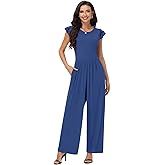 Chicingyou Women's Summer Dressy Jumpsuits Crew Neck Ruffle Cap Sleeves Rompers High Waist Wide Leg Jumpsuits with Pockets