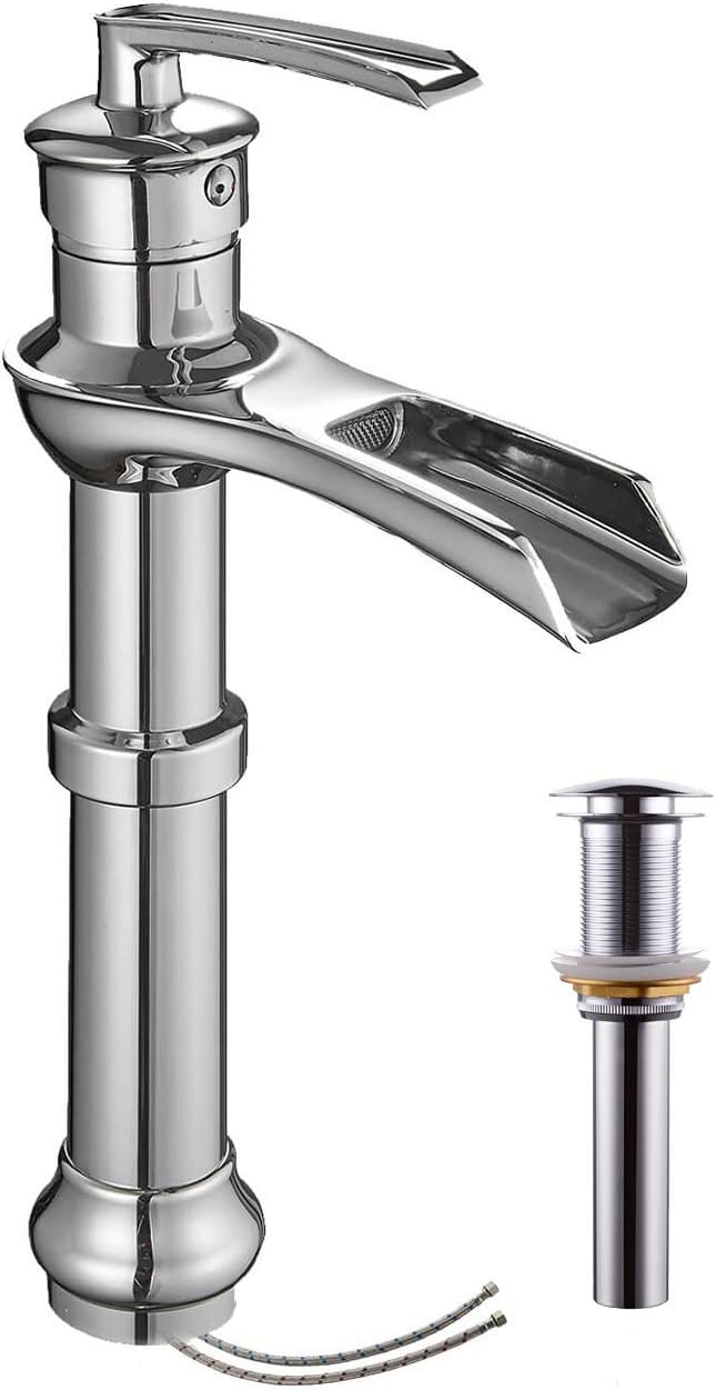 BATHLAVISH Vessel Sink Faucet Chrome Waterfall Spout Single Handle Single Hole Modern Lavatory Commercial Vanity Bathroom Faucets Mixer Tap with Pop Up Drain Without Overflow Supply Line Lead-Free