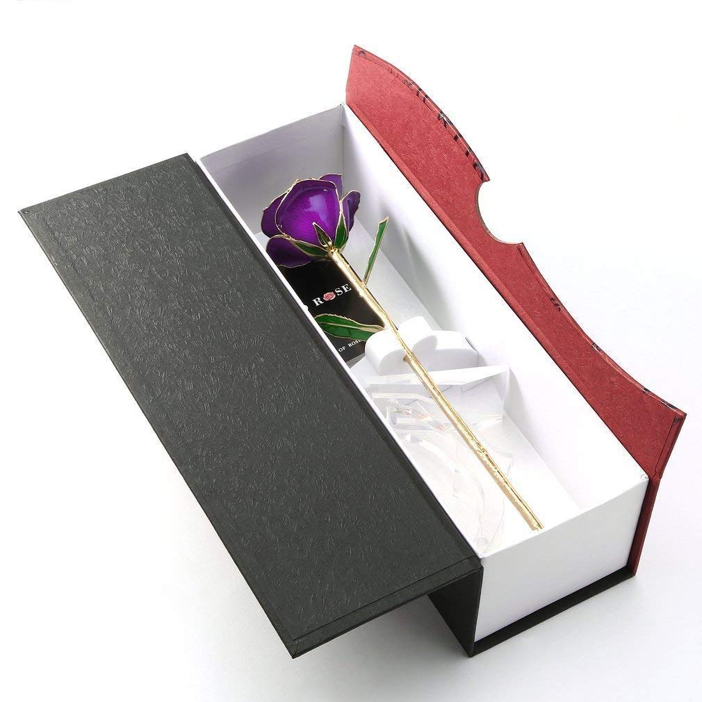 Kingpeony Valentines Day Gifts, Forever Gold Rose 24K Artificial Flowers Dipped Rose Gold Plated Rose with Transparent Stand for Lover, Mother, Girlfriend, Forever Gold Dipped Rose (Purple)