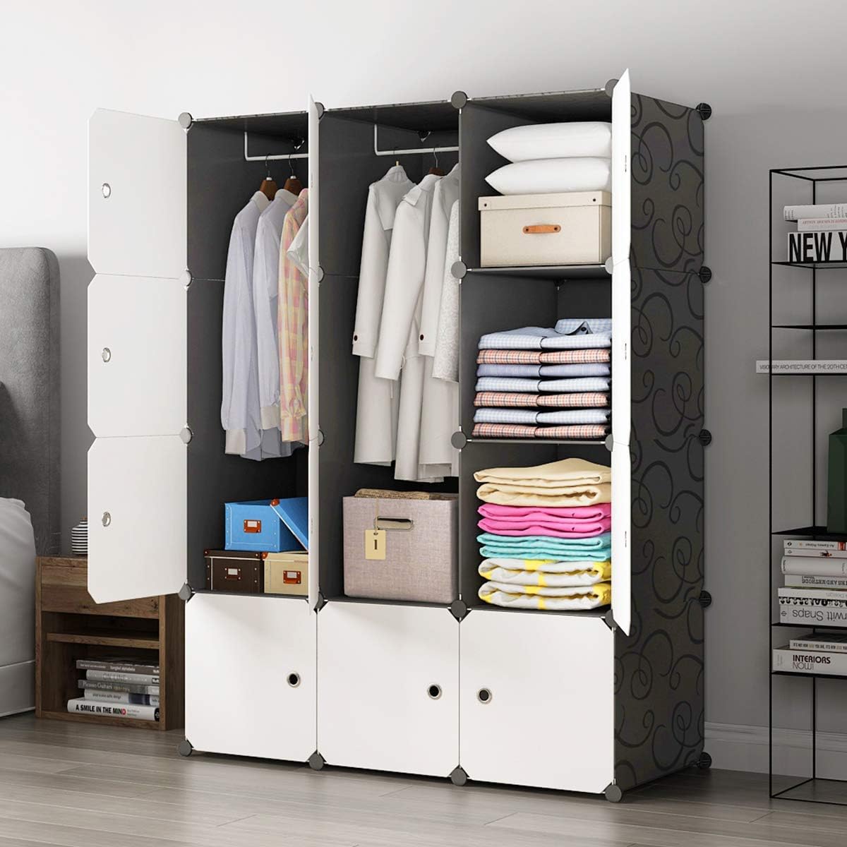 KOUSI Portable Wardrobe Closets 14"x18" Depth Cube Storage, Bedroom Armoire, Storage Organizer with Doors, 6 Cubes + 2 Hangers