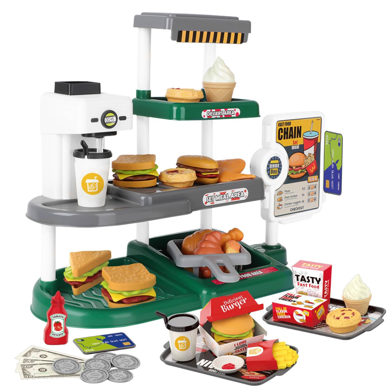deAO Fast Food Playset for Kids 71PCS Pretend Play Food with Cash Register, Drink Dispenser & Burger Play Set for Role Play Toys, Kitchen Playset for Ages 3+ Boys Girls (Green)