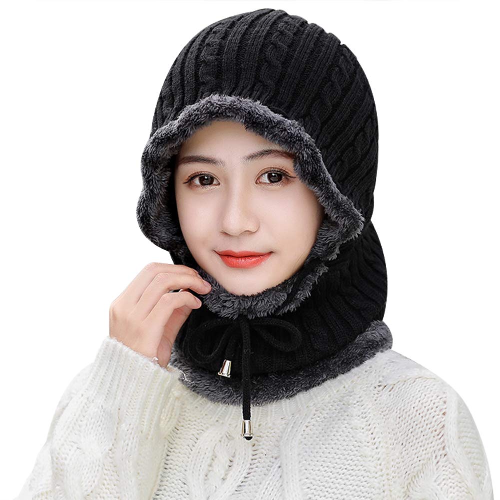 IBLUELOVER Thermal Balaclava Hat Knitted Beanie Hat Scarf Set Fleece Lined Winter Hat Ski Mask Balaclava Snoods Warm Plush Hat and Snood Scarf for Ladies Girls Biking Skiing Running Hiking Black