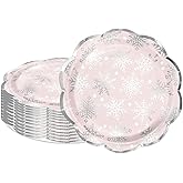 LeZakaa 25Pcs Christmas Paper Plates - Snowflake in Pink Silver Foil Winter Holiday Design Disposable Party Plates Decorative Tableware Supplies Table Decor for Christmas - 7 Inch
