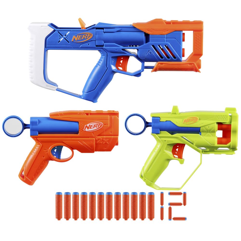 Nerf N-Series Triple Action Pack, 3 Blasters, 12 Nerf N1 Darts, Compatible Only with Nerf N Series Blaster, Outdoor Games for Kids, Ages 8+